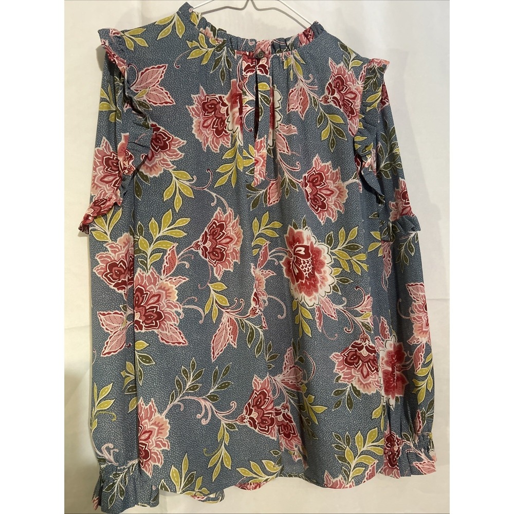 Loft Women's Blue Floral Long Sleeve Blouse Size M With Ruffled Sleeve Detail